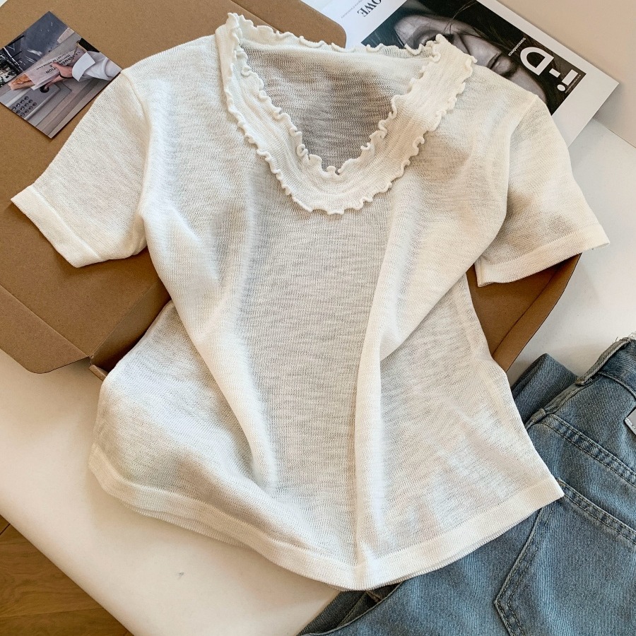 Women's Summer Lace Collar Short Sleeve Knit Top - Loose Slimming Pullover - Image 5