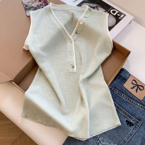 Women's V-Neck Button Sleeveless Knit Cami Top Color Block Summer 2026